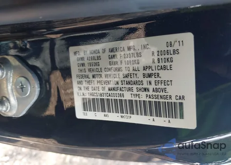 2012 Honda Accord 2.4 Lx-S z USA, uszkodzony, nr VIN 1HGCS1B31CA000366